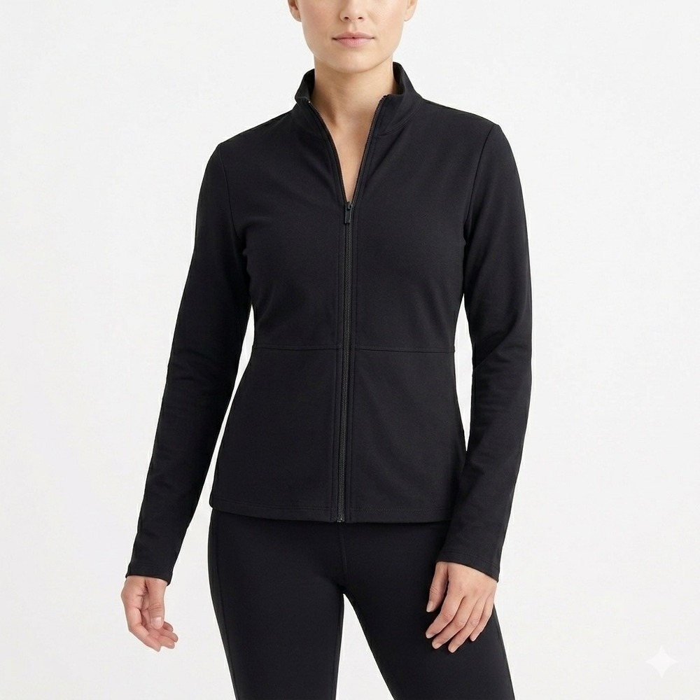 Eileen Fisher Petite S PS Full Zip Mock Neck Top Black Stretch Minimalist Basic